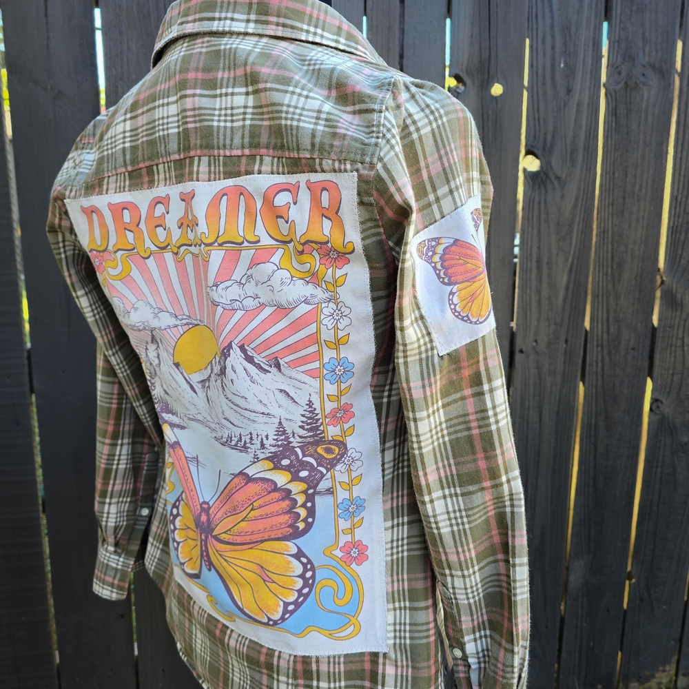 Upcycled Flannel J. Crew And Graphic Tee Green, Beige, Dusty Rose Plaid Shirt